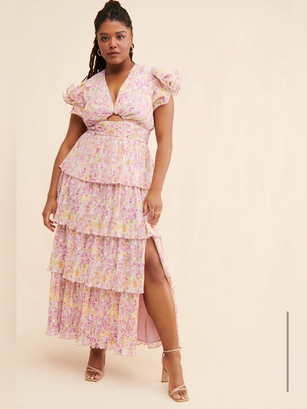 Astr the Label, Anthropologie Flutter-Sleeve Tiered Maxi Dress in Pink Floral